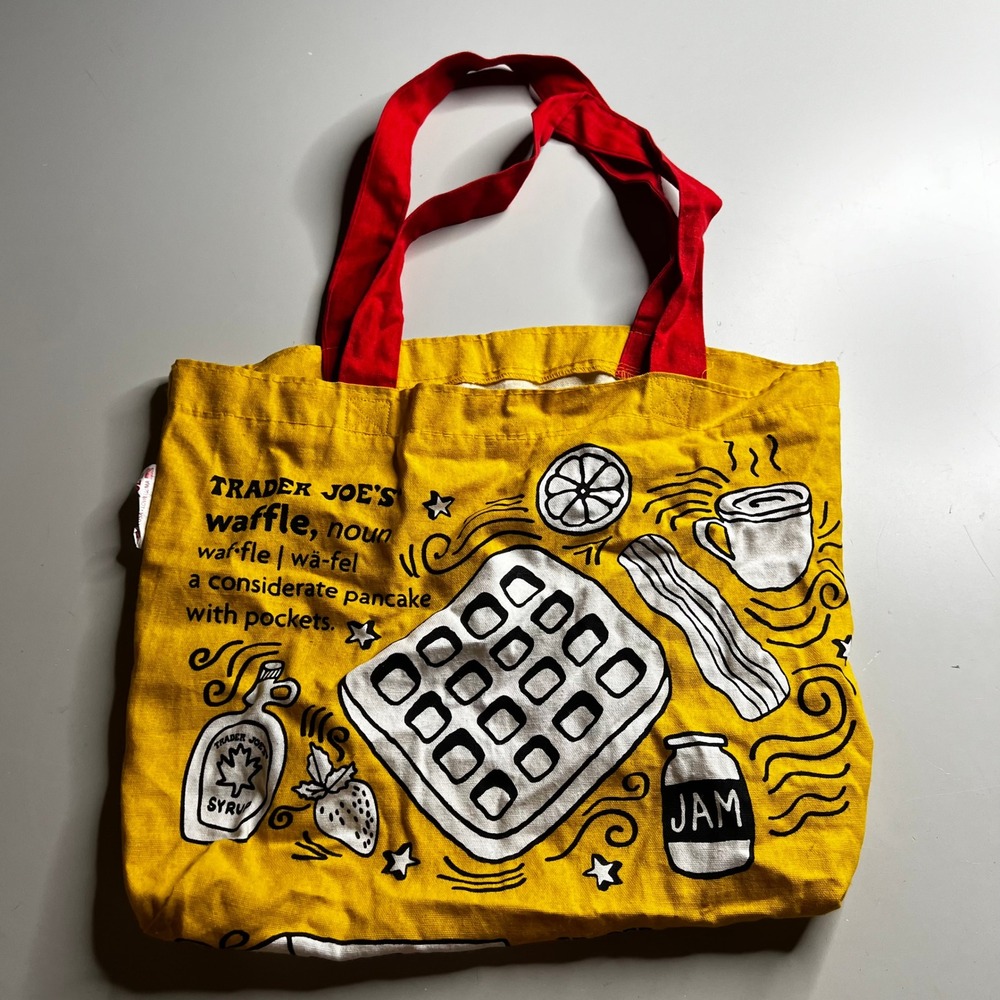 Trader‎ Joes Breakfast Tote Bag Yellow Canvas Waffle Toast Reusable Shopper USA